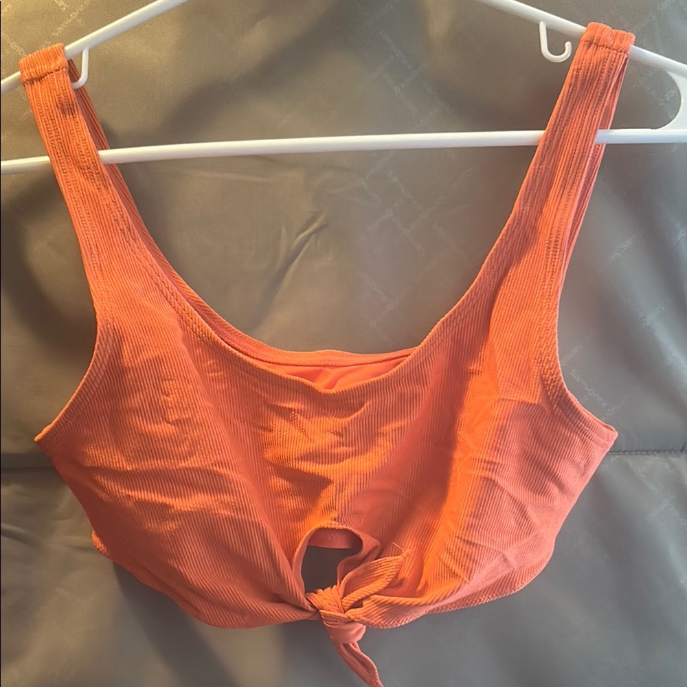 Orange Ribbed Tie-Front swim top